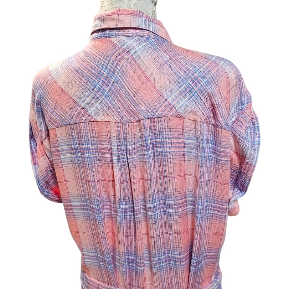 GAP Pink Plaid Button Up Shirtdress Size Medium Tall Belted Lightweight Rayon - Picture 7 of 9
